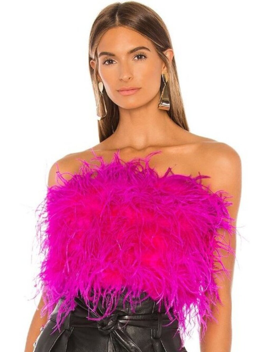 💥CHIC SEXY GLAM💥REVOLVE BARDOT LUXURIOUS OSTRICH FEATHER BANDEAU IN PINK SHOCK